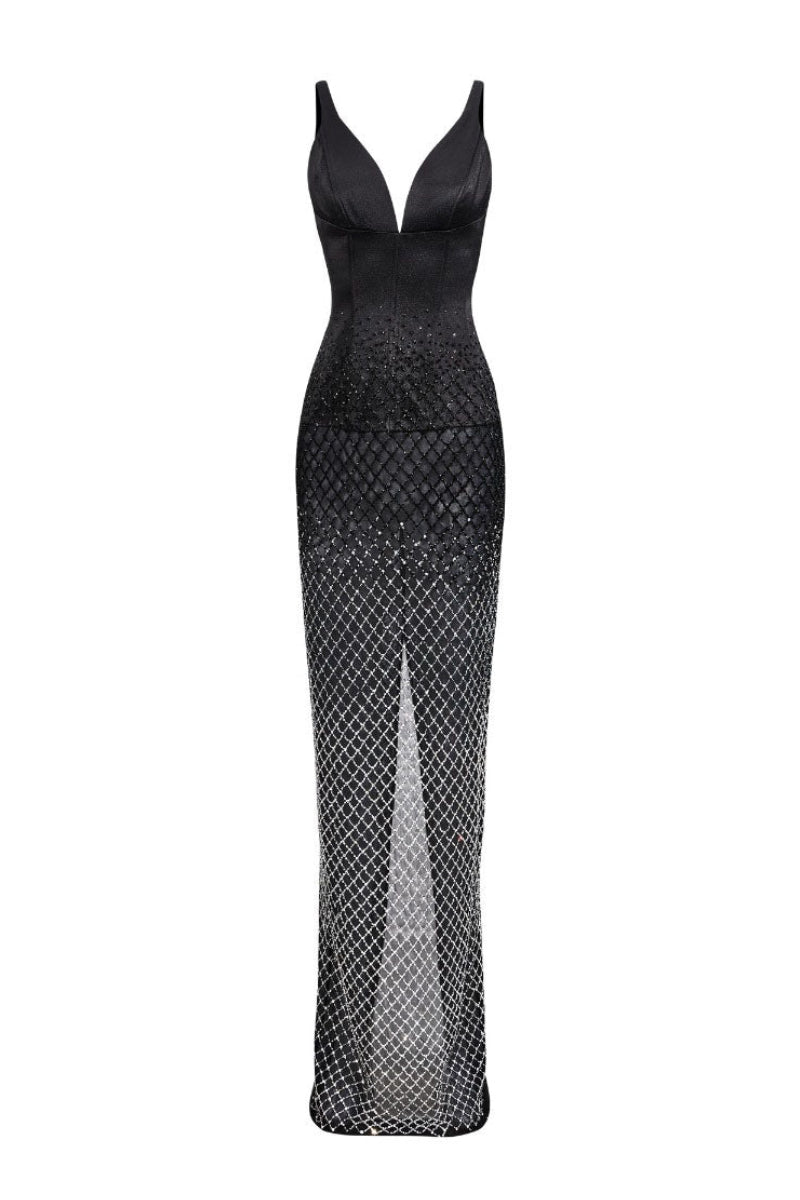 BLACK V-NECK MESH STRAP MAXI DRESS | CULT MIA | CEM BLACK V-NECK MESH STRAP MAXI DRESS | CULT MIA | CEM