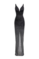 Black V-neck mesh strap maxi dress by CEM featuring a flowing silhouette and stylish design, perfect for elegant occasions.