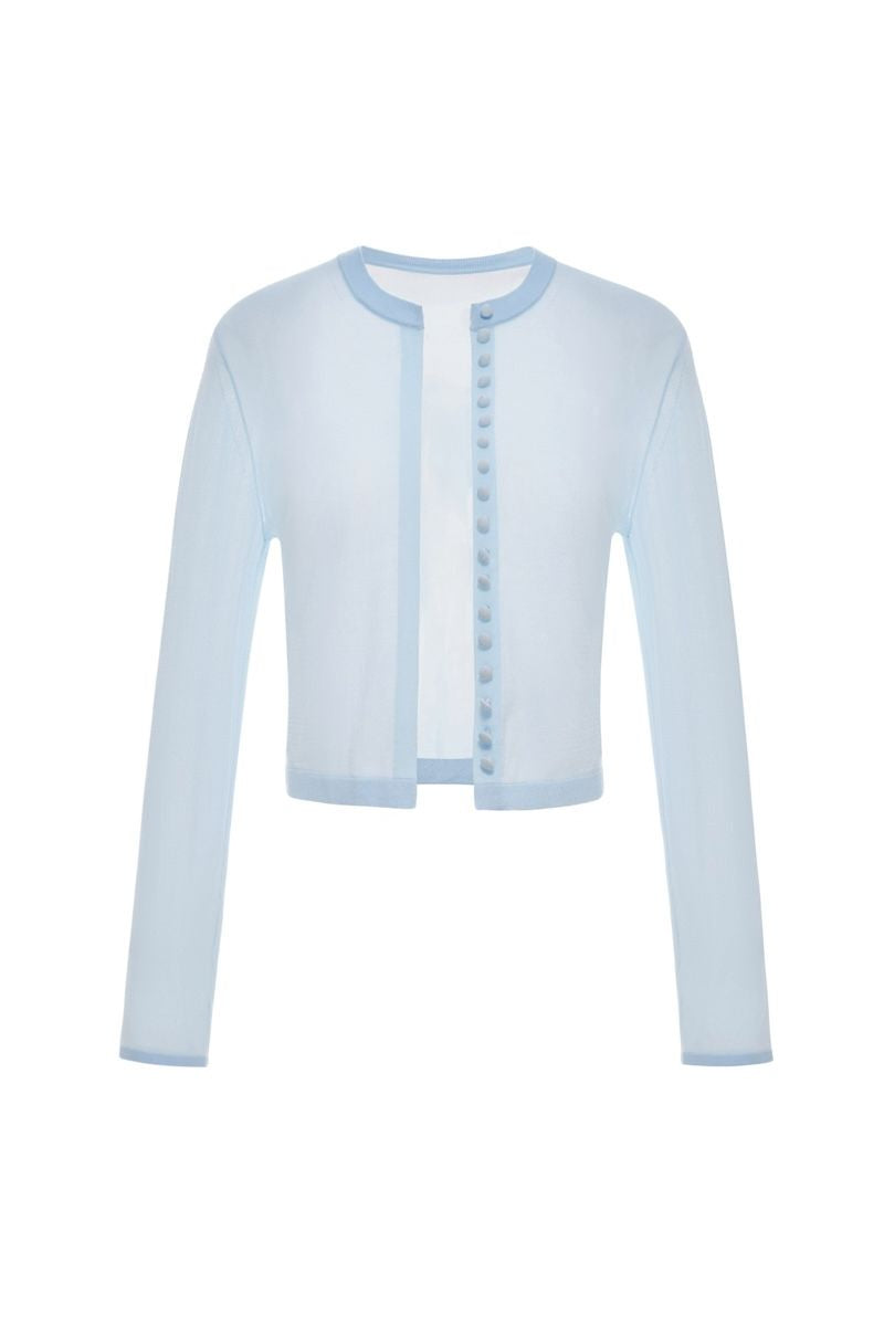 Blue button-up crop cardigan by Montsand, a stylish knit top with front buttons and a fitted cropped design.