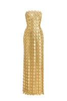 Gold long bodycon gown by Phan Huy featuring a sleek, fitted silhouette and elegant design perfect for formal occasions.