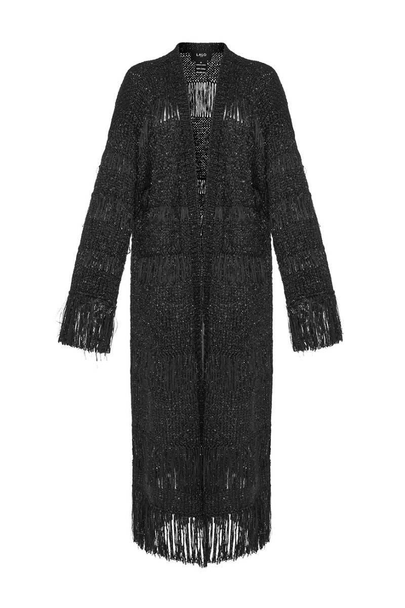 Hand-knit black metallic coat by Lalo featuring textured knit fabric and a stylish, cozy fit.