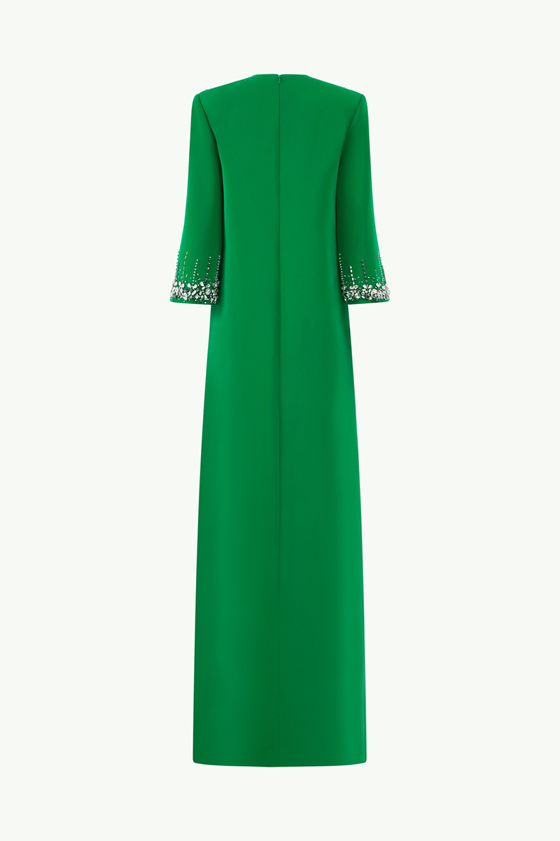 GREEN MIDDLE SLEEVE STONE EMBELLISHED GOWN - CULT MIA