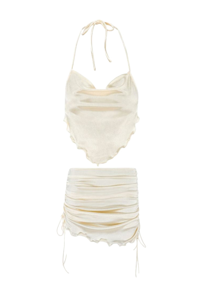White pearl ALESSIA co-ords set by Suncillo, featuring a stylish matching top and pants with pearl details.