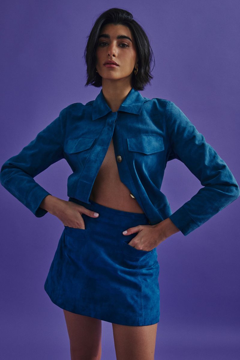 Blue Mini Alisha jacket by ZUT, lightweight and stylish jacket with a modern fit, shown on a model.