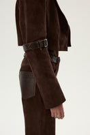 LARETAGGIO Brindissi suede mid waist trousers in beige shown with front pockets and slim fit design.