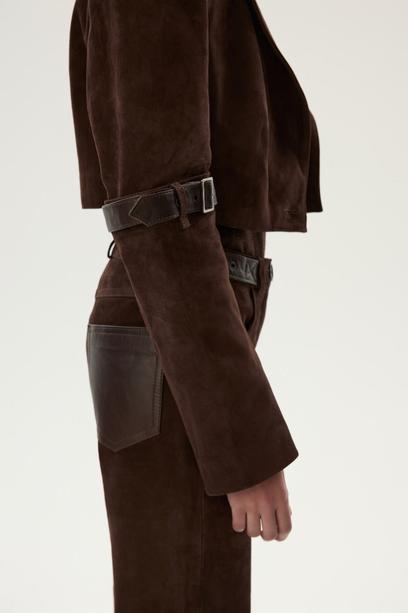 LARETAGGIO Brindissi suede mid waist trousers in beige shown with front pockets and slim fit design.