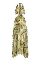 Estefania secret garden green maxi dress featuring floral patterns and flowing fabric, perfect for elegant summer occasions.