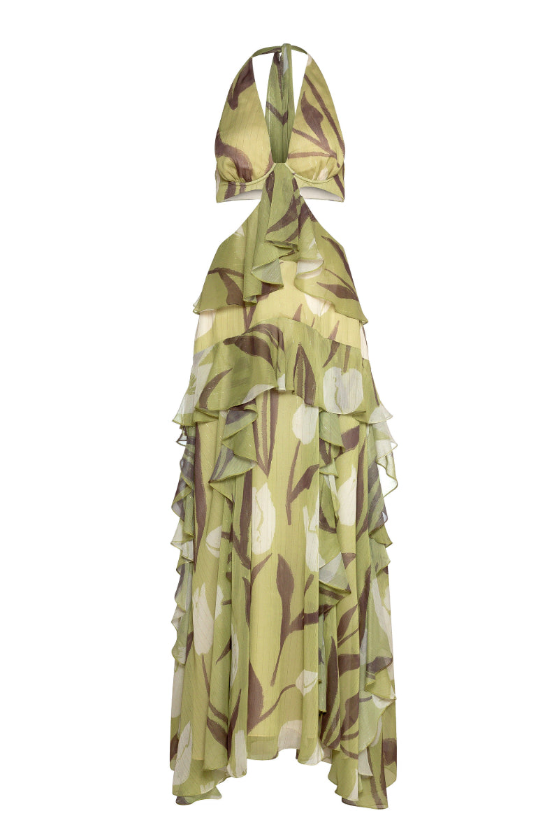 Estefania secret garden green maxi dress featuring floral patterns and flowing fabric, perfect for elegant summer occasions.