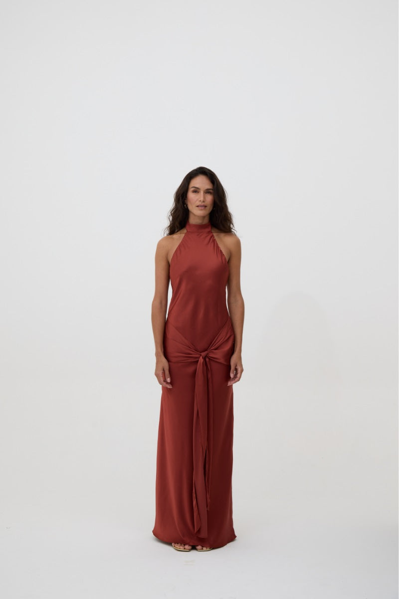 Dark red Lilian slip maxi dress by Kontenta, flowing fabric, sleeveless design, elegant and stylish for special occasions.