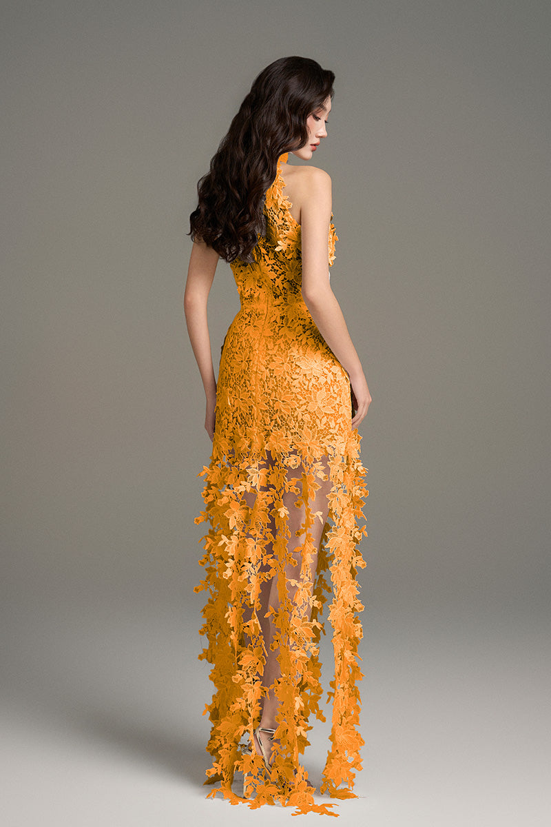I.H.F Studio CULT MIA X floral vine orange lace maxi dress with intricate lace details and flowing silhouette.