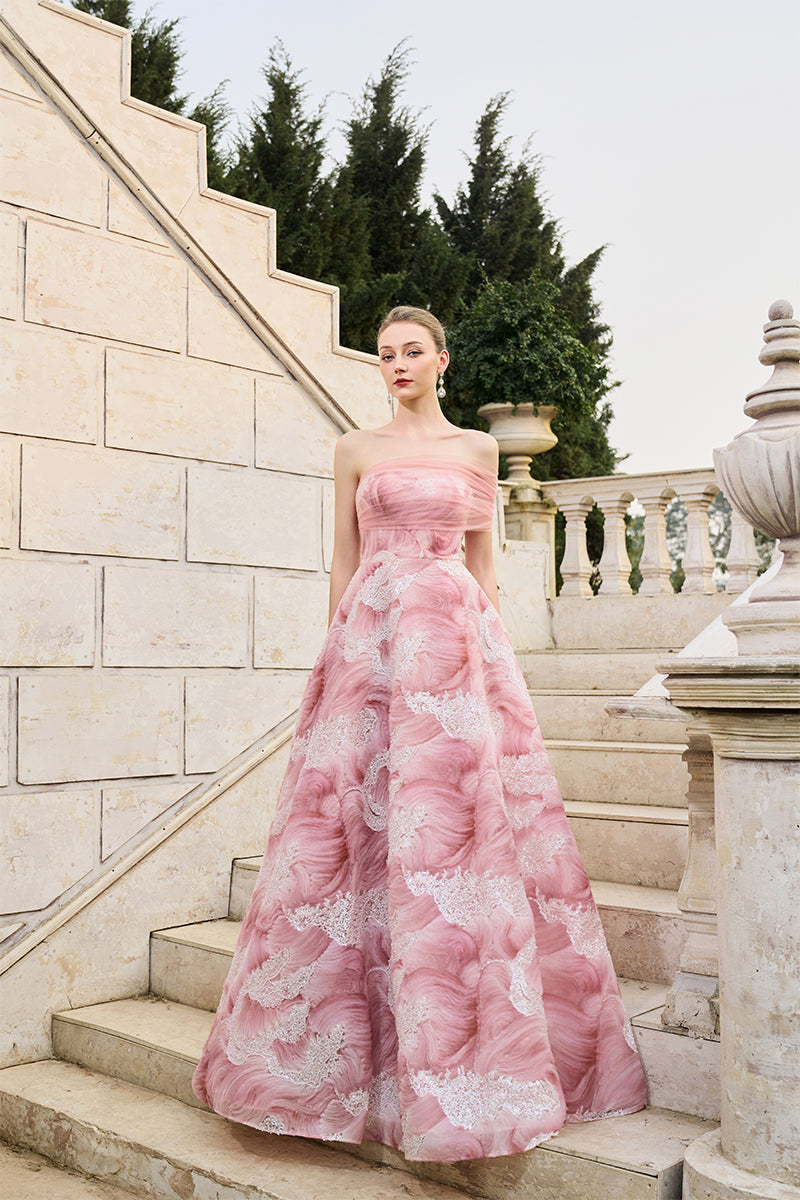 pink floral tulle dress V-neck Embroidery Sequin Floor Length Tulle Prom Dress, Pink / 2