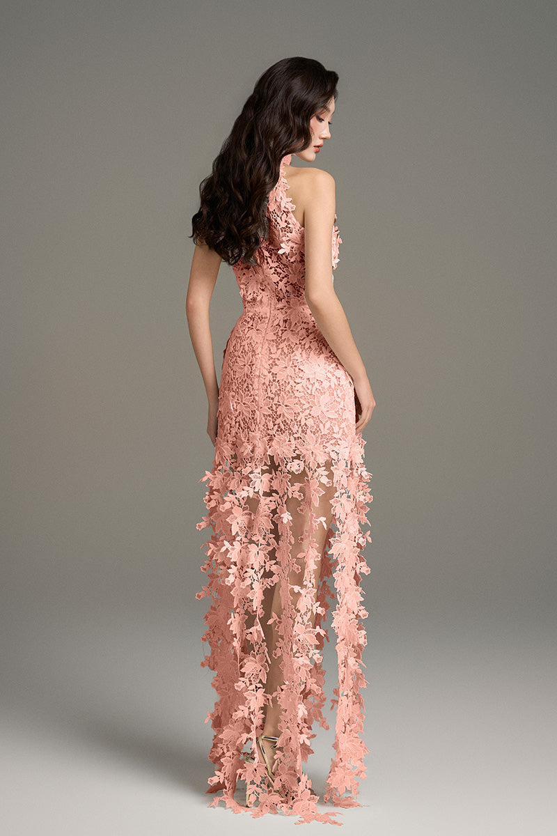 I.H.F Studio CULT MIA X floral vine pink lace maxi dress with delicate lace detailing and a flowing silhouette.