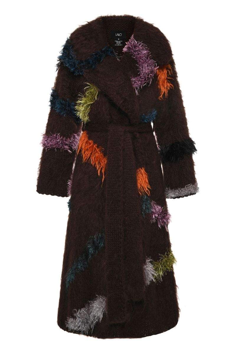 Lalo oversized coat with belt in multi-color, featuring a relaxed fit and stylish design, perfect for layered winter outfits.