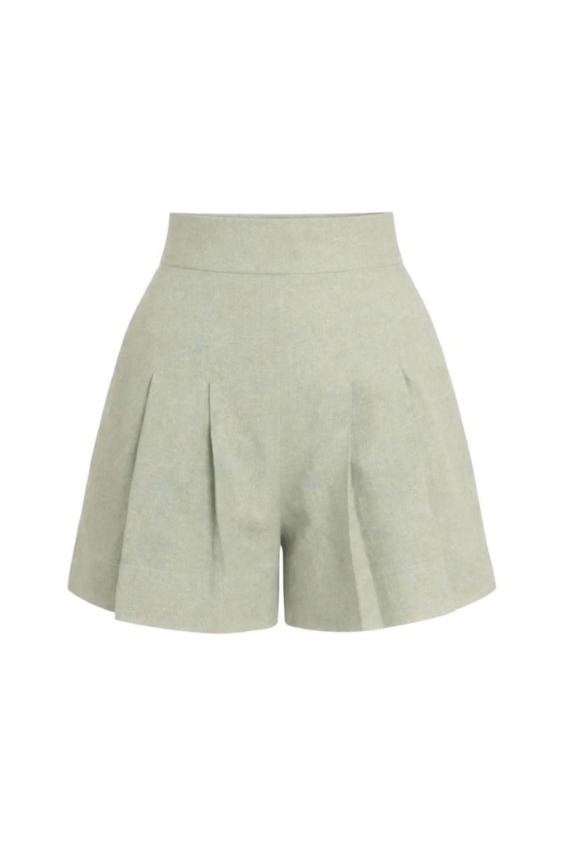 ANA + MARIA Amelie shorts in Aloe Wash, showing lightweight denim shorts with frayed hems and a relaxed fit.