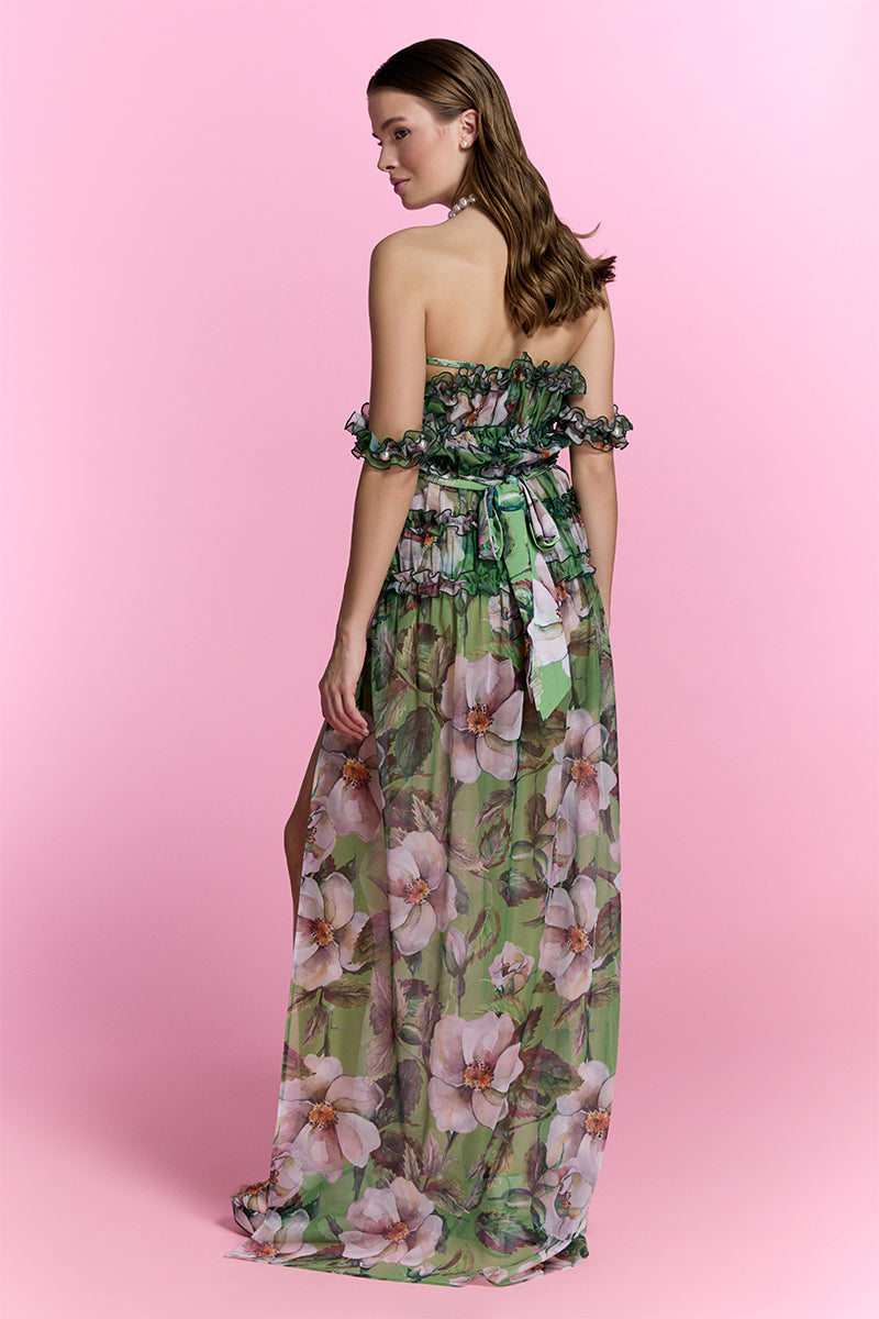 Nur Karaata silk heirloom beach dress, a flowing maxi dress with intricate detailing, perfect for elegant seaside occasions.