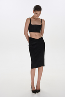 Black matte silk top with thin straps by BALYKINA, showing the smooth fabric and stylish shoulder design.