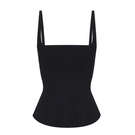 Black matte silk corset top with straps from BALYKINA, featuring a fitted design and smooth silk texture.