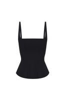 Black matte silk corset top with straps from BALYKINA, featuring a fitted design and smooth silk texture.