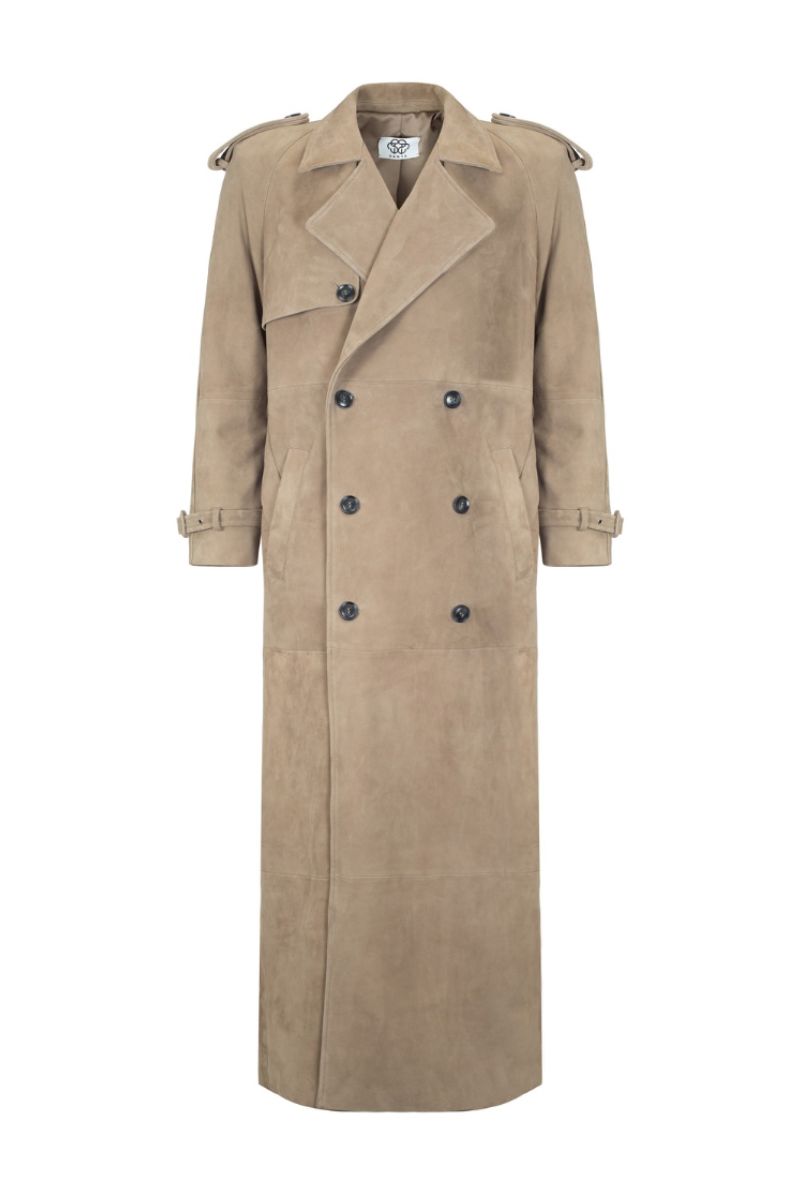 Sand-colored suede coat by Santa Brands, shown on a hanger with front view and detailed texture of the soft suede material.