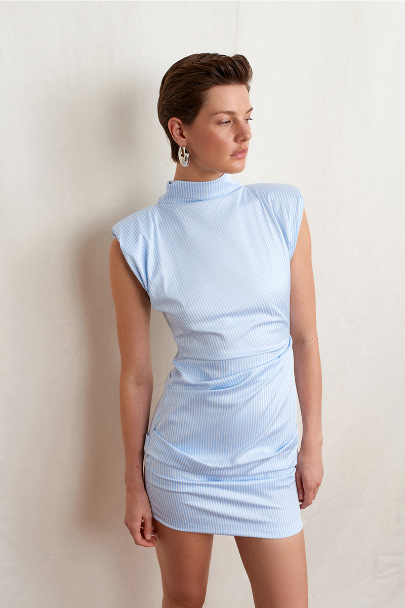 Blue Dragon poplin mini dress by Acaria Studio featuring a stylish, lightweight design with a fitted waist and short sleeves.