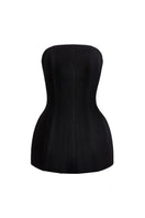 Black strapless crepe top from CEM, lightweight and stylish, shown on a model with a fitted silhouette and minimal detailing.