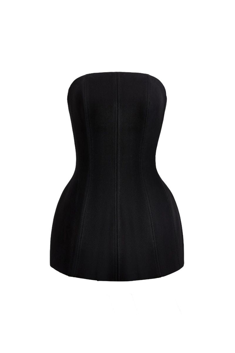 Black strapless crepe top from CEM, lightweight and stylish, shown on a model with a fitted silhouette and minimal detailing.