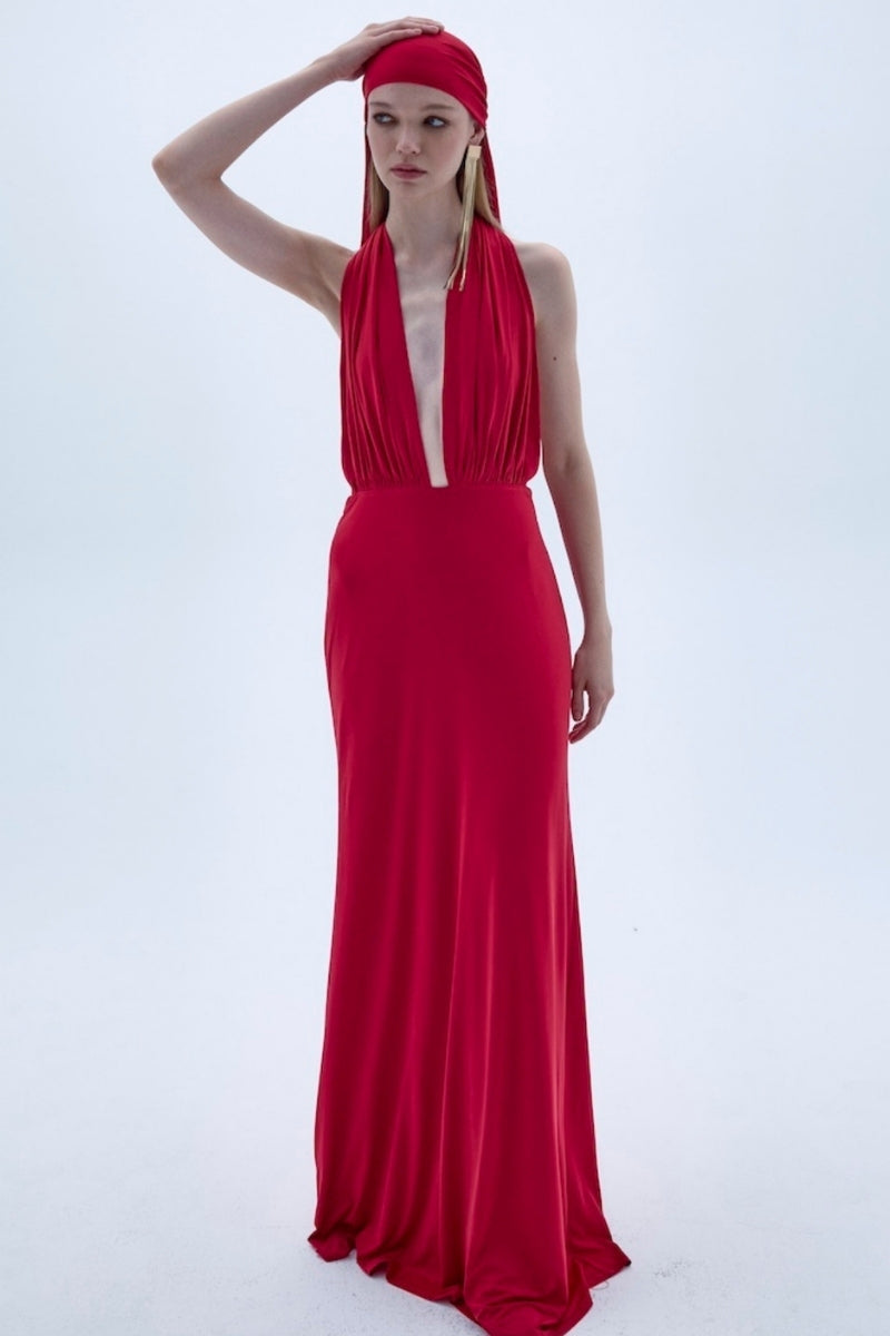 Nazlı Ceren INES long red maxi dress with a flowy silhouette, perfect for elegant occasions and versatile styling.