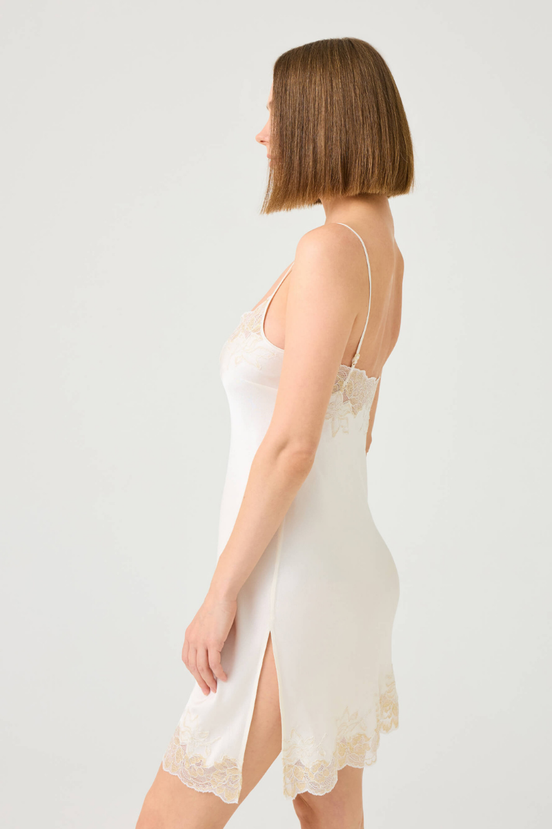 Bocan Couture Jewel short rayon nightgown with gold lace trim, featuring a relaxed fit and elegant design.