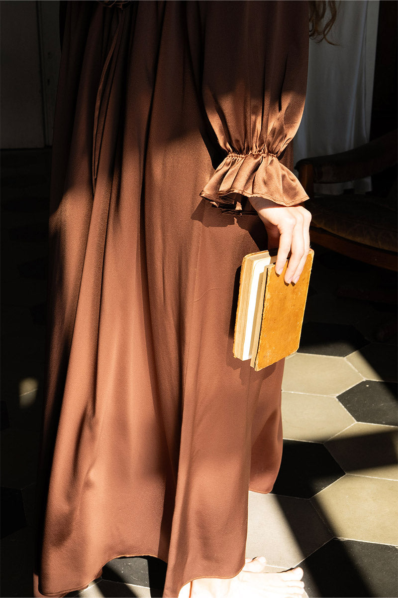 artisanal brown dress Menna El-masry | Handmade brown dress with layered sheer lace and an elegant modest silhouette. Soft, feminine, and timeless By @menna_elmasry_official
