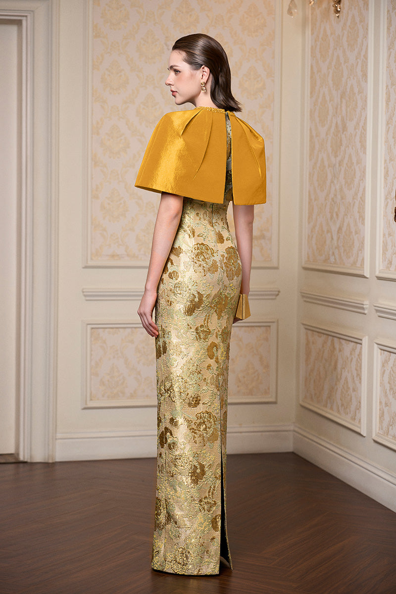 Yellow sleeveless floral gown with round neck by I.H.F, featuring a vibrant floral print on lightweight fabric.