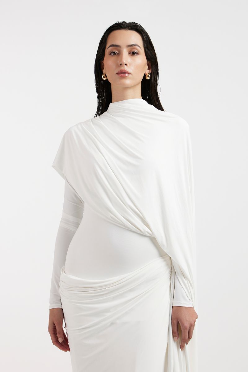 NADIA WHITE DRAPED GOWN - CULT MIA