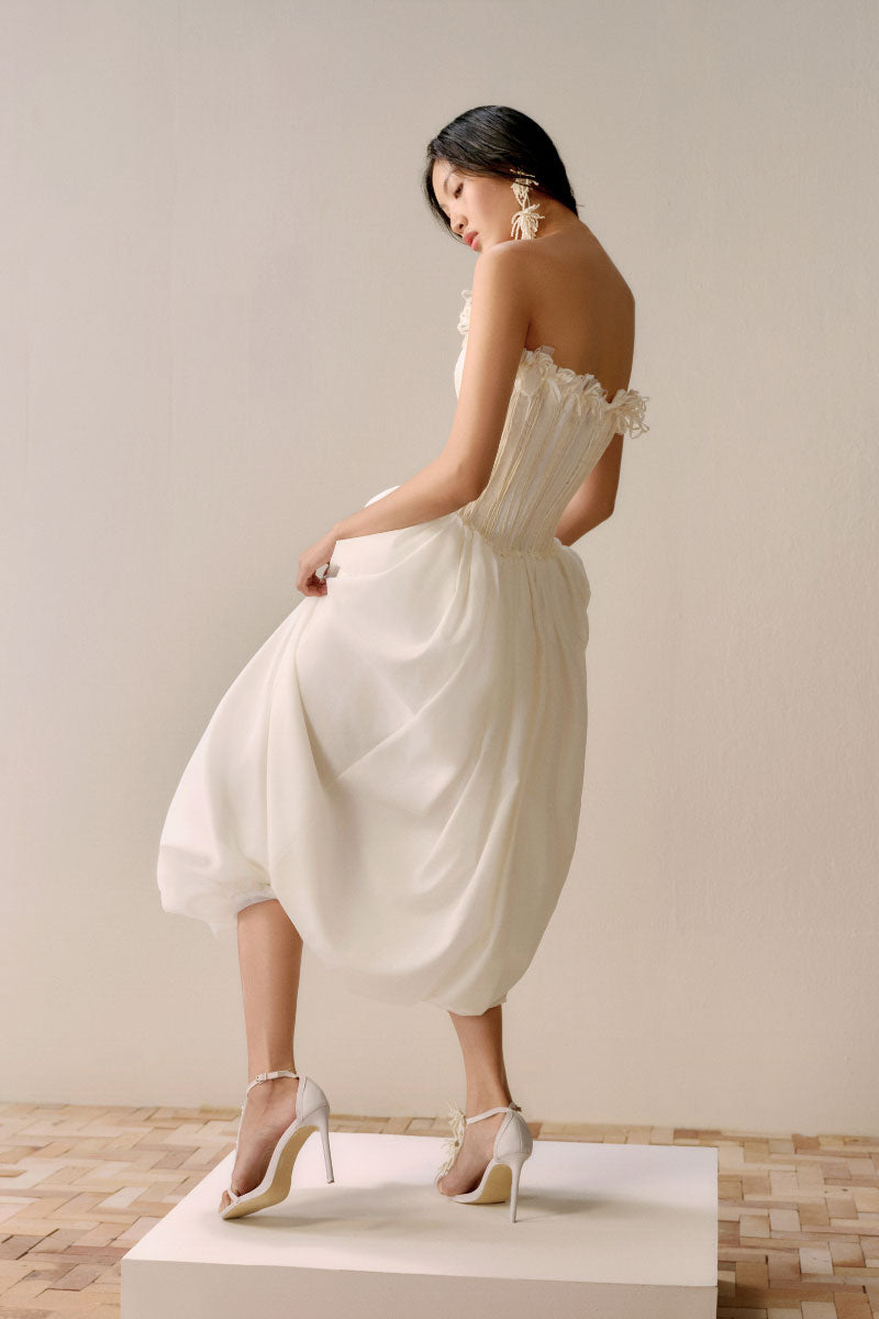 Petite ivory floral embroidered midi gown by Lecia, featuring delicate embroidery and a flowing silhouette.