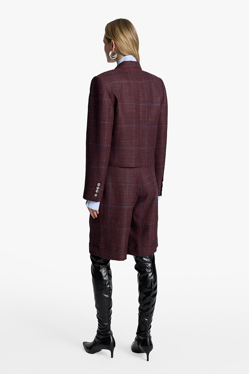 Acaria Studio burgundy shorts with blue check pattern, casual fit, and waistband, showcased on a neutral background.