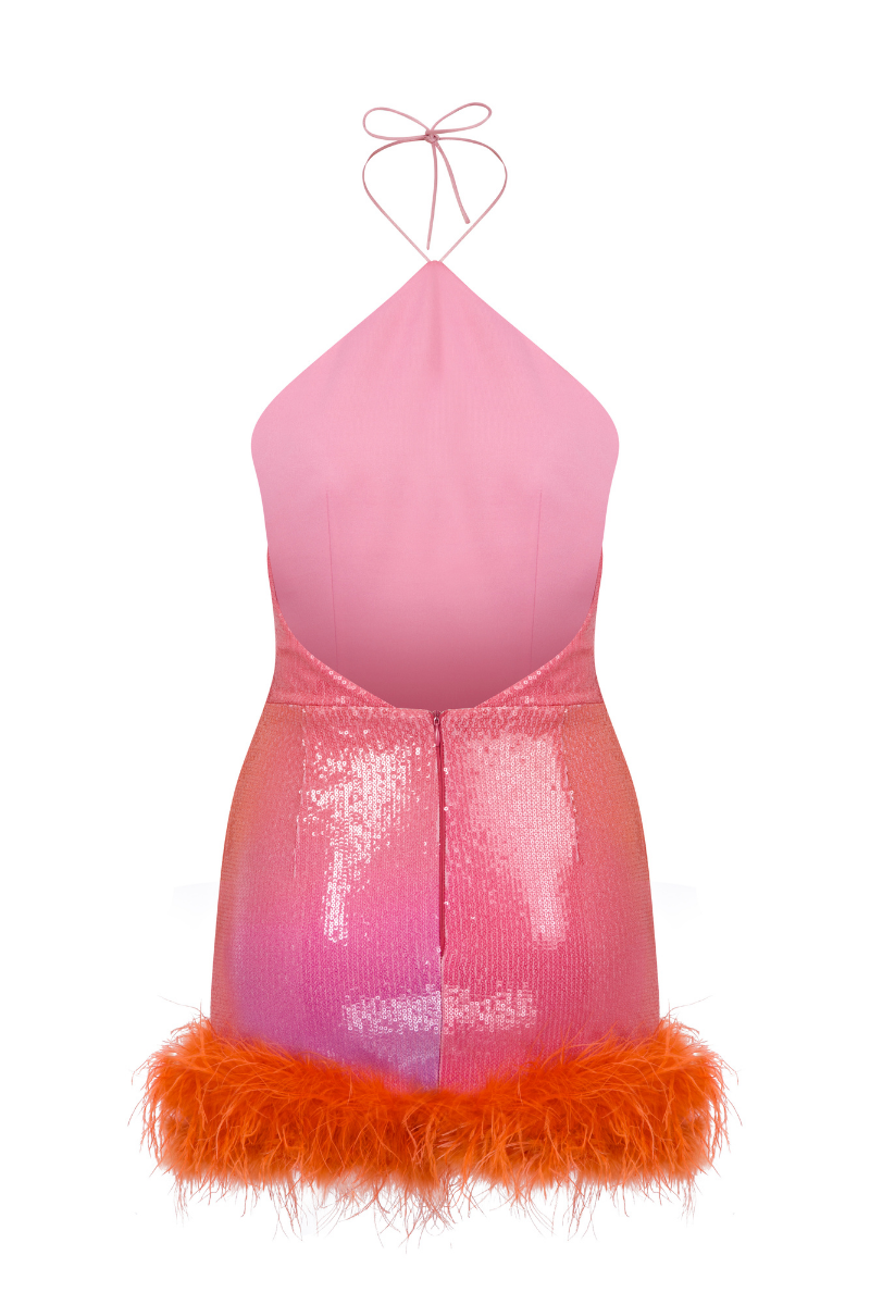 MINI HALTER NECK DRESS WITH FEATHERED HEM - CULT MIA
