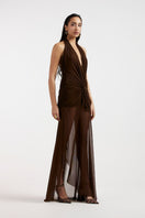 Deme By Gabriella TESS draped brown maxi dress featuring flowing fabric and elegant design, perfect for casual or formal occasions.