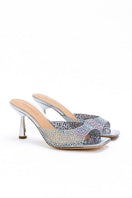 Kolane Greta silver crystal transparent mule sandals with clear straps and sparkling embellishments for stylish summer wear.
