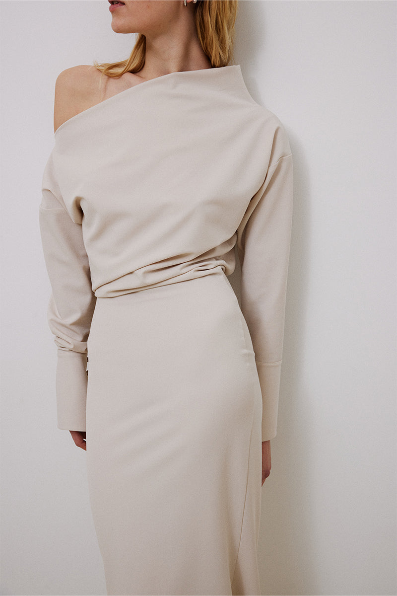 ECRU ONE-SHOULDER MIDI DRESS - CULT MIA