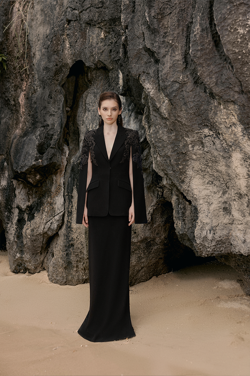 Black pearl taffeta co-ords set by Lune De Soie, featuring a stylish matching top and skirt in elegant fabric.