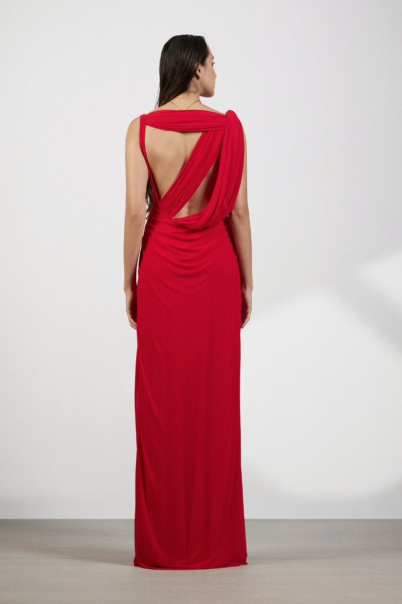 Deme By Gabriella Adriana red maxi dress with flowing fabric and sleeveless design, perfect for elegant summer occasions.