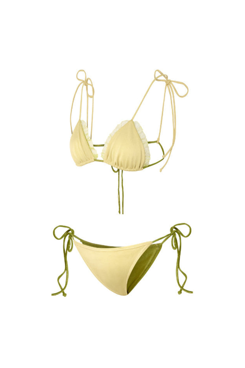 Reversible green and yellow bikini set by Suncillo with adjustable straps and matching bottoms, perfect for summer beachwear.