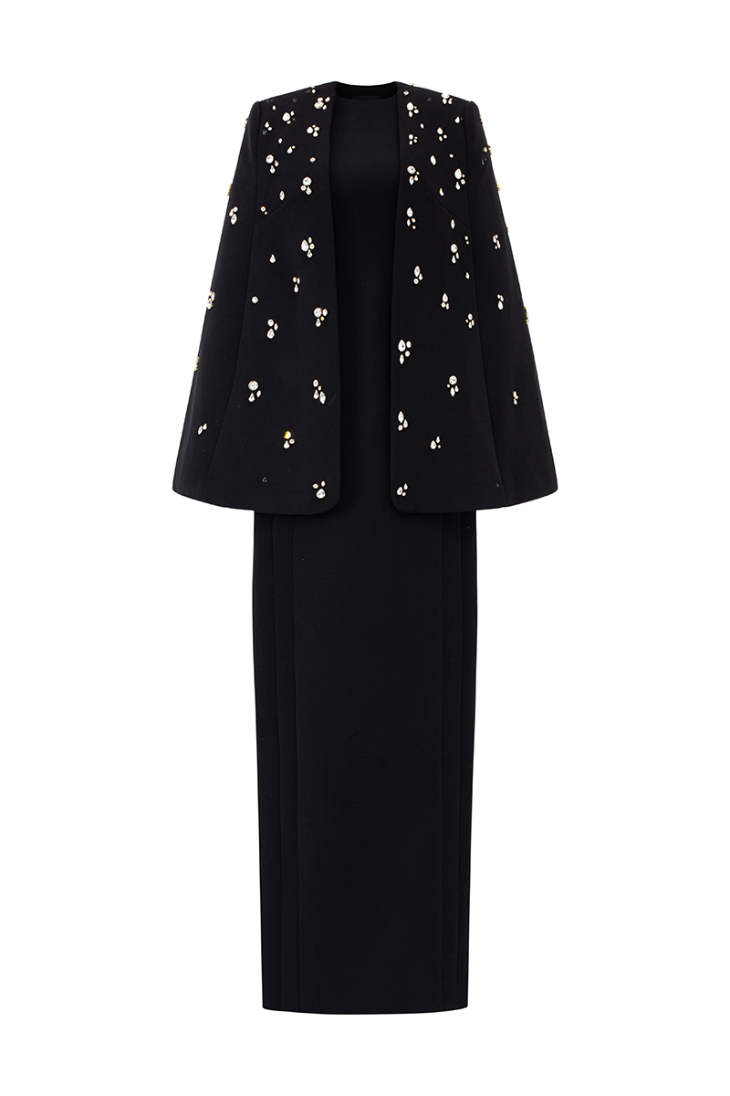 BLACK STRAIGHT ACROSS WITH CRYSTAL EMBELLISHMENTS GOWN - CULT MIA