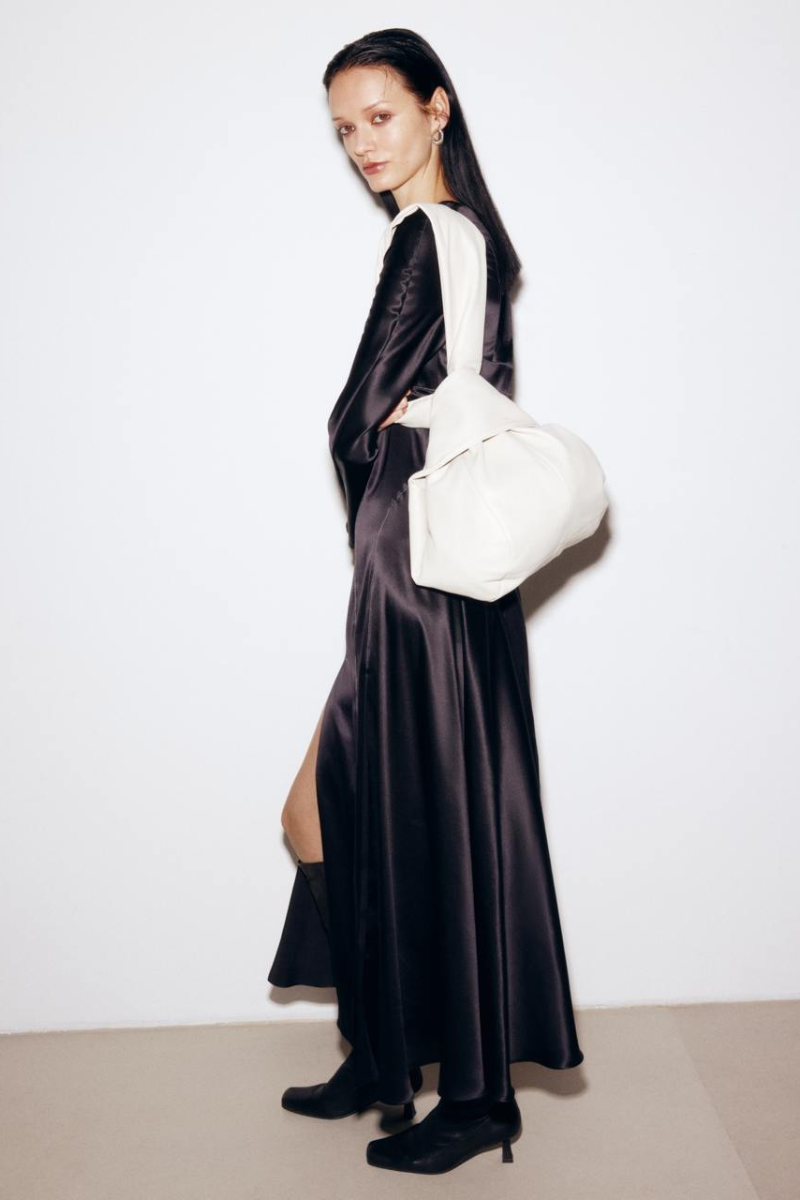 BLACK SILK MIDI DRESS WITH WHITE STITCH DETAIL - CULT MIA