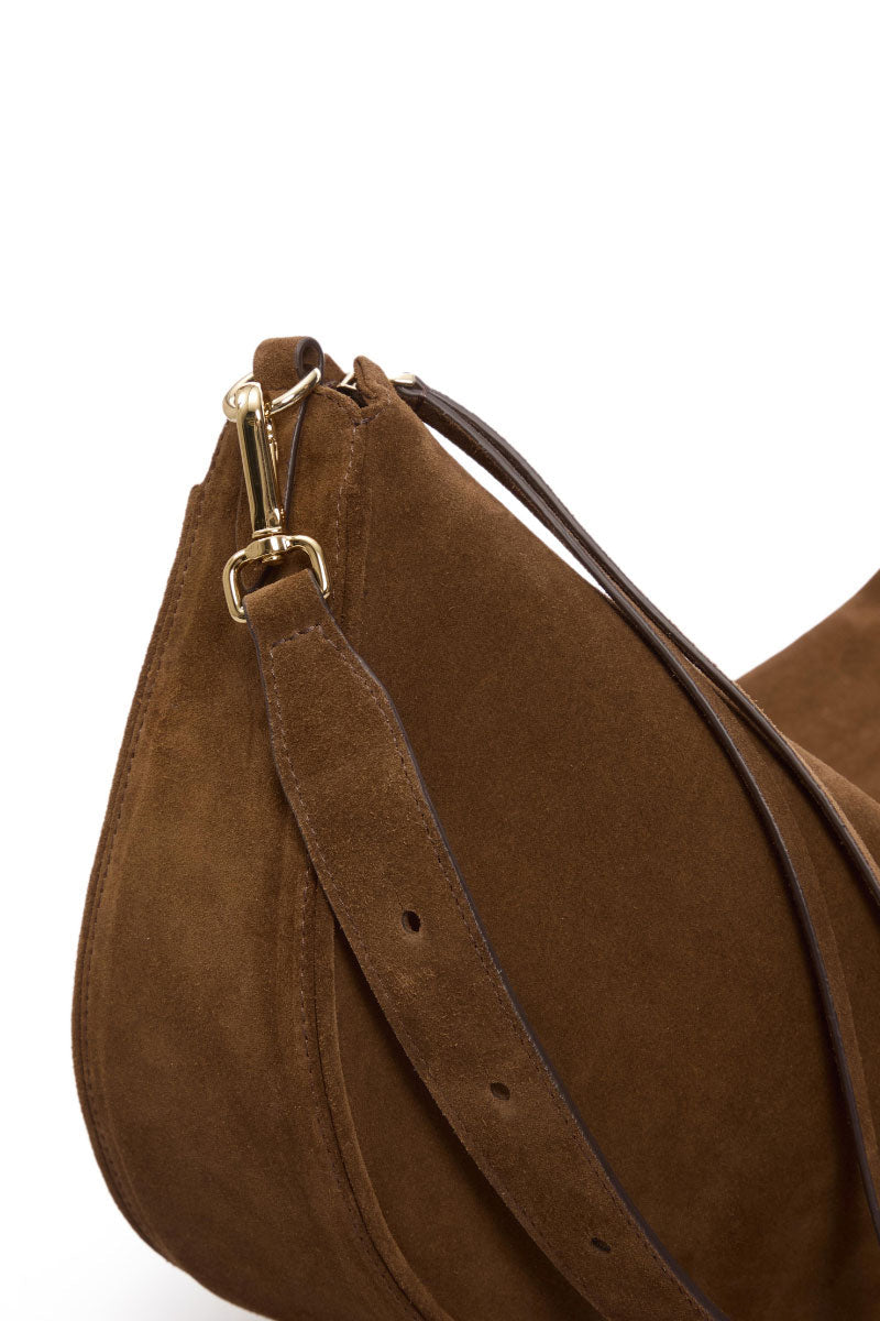 Vikele Studio Denise shoulder bag in brown suede with a sleek, structured design and a top handle, perfect for everyday use.