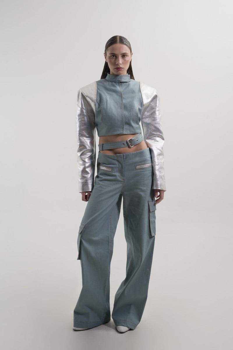 SILVER-DETAILED LOW-RISE DENIM PANTS - CULT MIA
