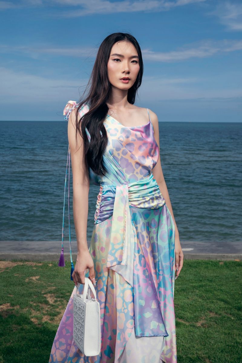 JEANNE ASYMMETRIC SLEEVELESS SILK SATIN FLOOR LENGTH DRESS - CULT MIA