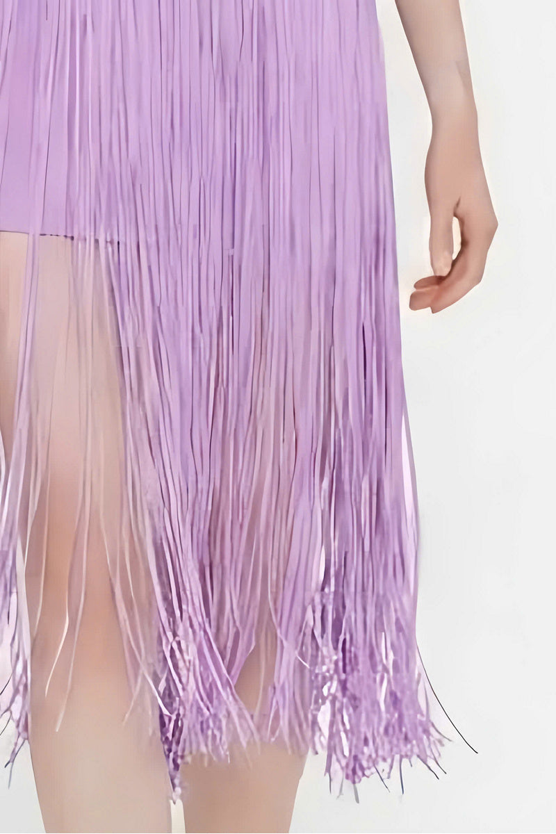 Lilac Valenciani midi dress with all-over fringe details, featuring a flowing silhouette and stylish design.