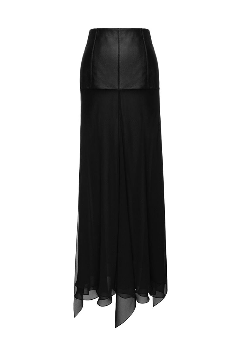Black Vaska maxi skirt with leather accents, featuring a long, flowing design and stylish details visible in the image.