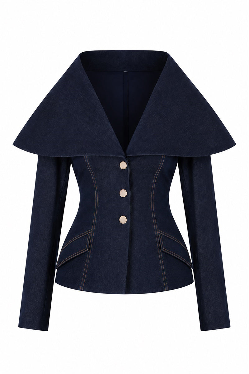 Lili Blanc Astra denim blazer, fitted with classic collar, button closure, and distressed denim fabric, styled on a model.