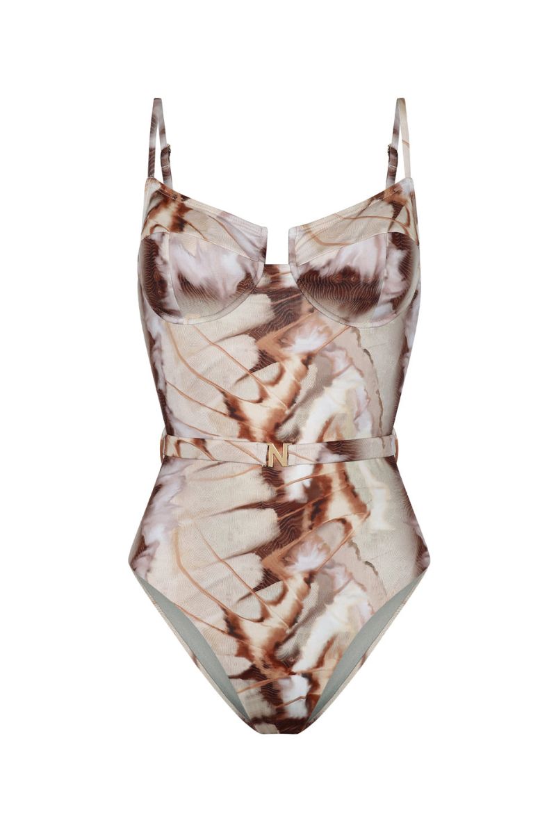 Nelblu Arena one-piece swimsuit with cafe print, featuring a stylish and comfortable design for beach or pool wear.