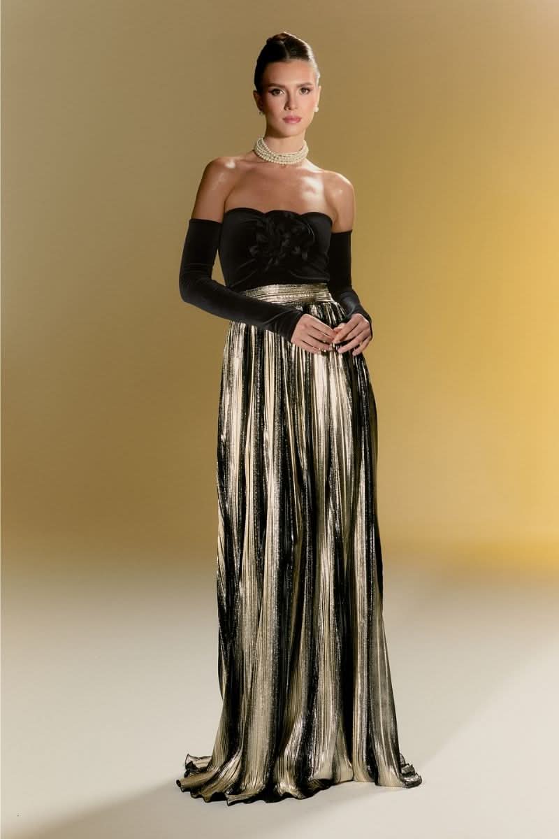 Nur Karaata CULT MIA X NUR KARAATA Addington gown, elegant long gown with intricate details and flowing fabric, worn by model.